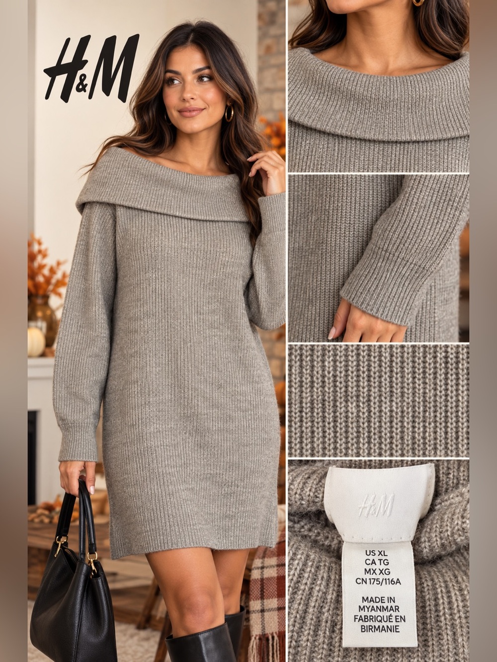 H&M Off-the-Shoulder Ribbed Sweater Dress - Taupe